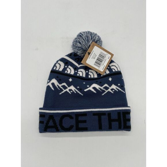 THE NORTH FACE Kid's Ski Tuke - Camo Pom Pom Beanie - OS SHADY BLUE WHITE BLACK - Picture 1 of 3
